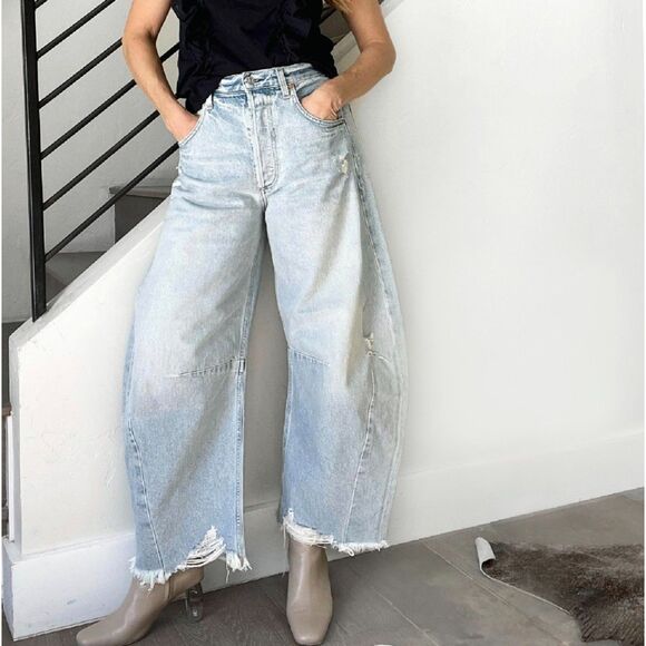 👖 NiMin Barrel Jeans Light Wash w/ Frayed Hem – Size Small – NWT - Picture 1 of 5